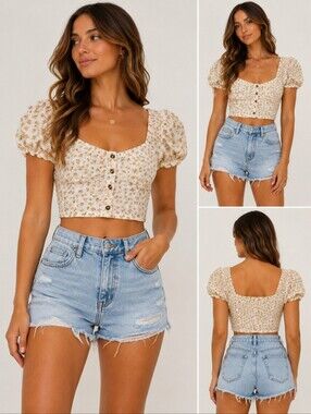 NWT Billabong Sweet Memory Floral Puff Sleeve Crop Top Cottagecore Large